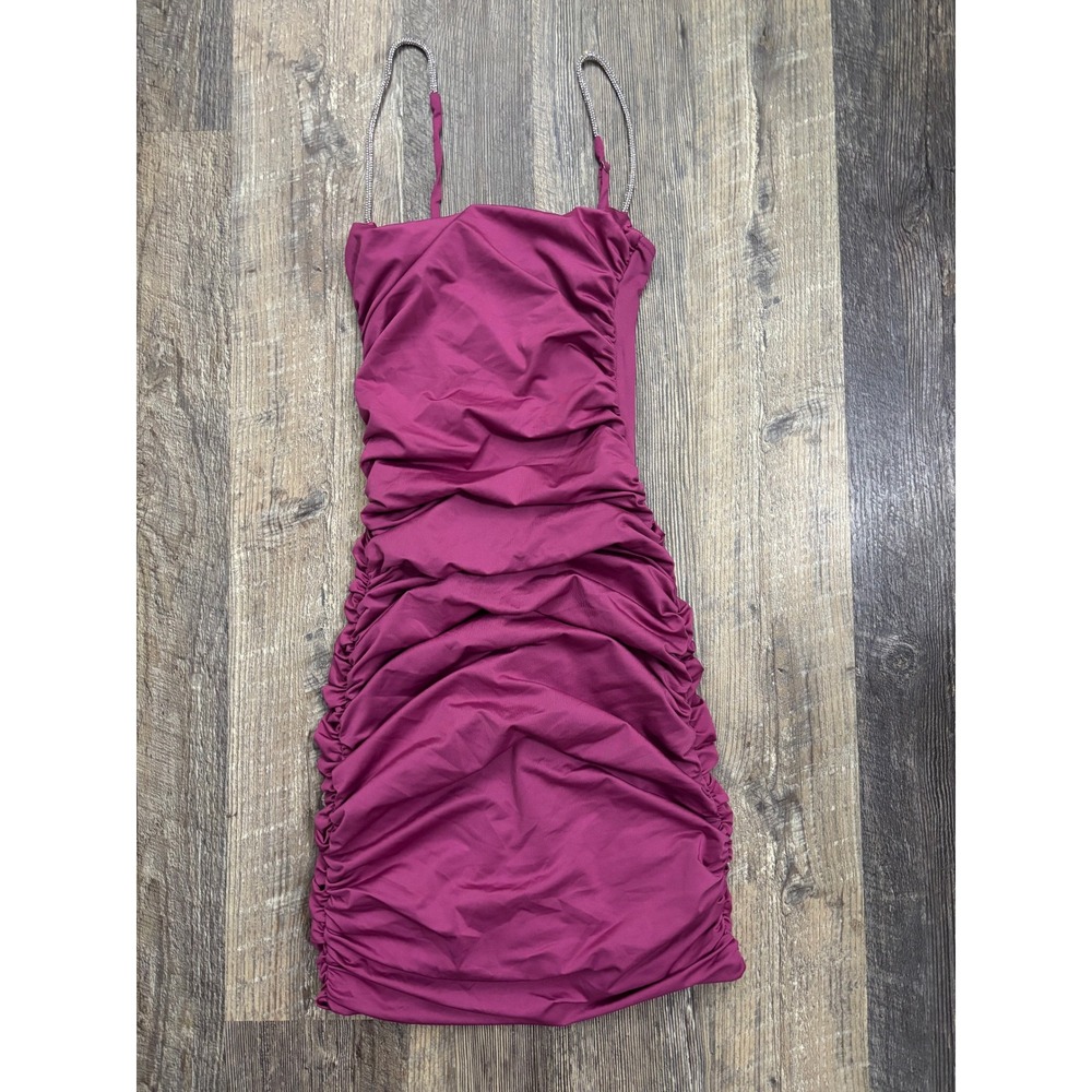 Lucy in the Sky Magenta Pink Ruched Rhinestone Strap Bodycon Mini Dress XS